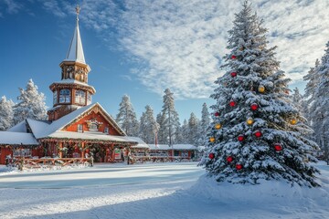 Santa Claus House in Rovaniemi, Finland, Featuring Wooden Architecture, Colorful Christmas Lights, and an Ice Rink Surrounded by Snowy Pine Trees