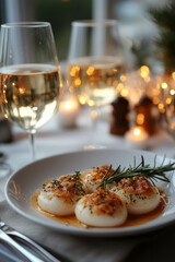 A close-up of a delicate china plate adorned with a finely garnished Michelin-star meal, under soft, ambient lighting,