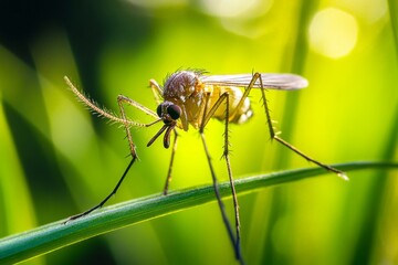 Close-up of a mosquito resting on a green blade of grass. The image highlights its delicate features and structure. A beautiful representation of nature in detail. Generative AI