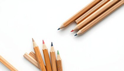Obraz premium Pencils natural wood with erasers isolated on white, transparent, top view isolated with white highlights, png