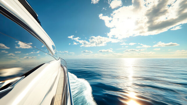 Luxury yacht sailing swiftly on the open sea under a bright blue sky with fluffy clouds on a sunny day, captured from the rear view perspective