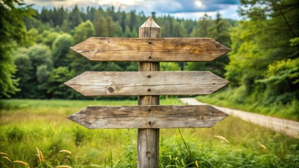 Rustic Wooden Signpost with Three Arrows Pointing in Different Directions, Set Against a Background of Lush Green Trees and a Winding Road