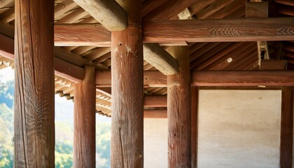 Obraz premium Pillars and rafters of traditional Korean wooden architecture