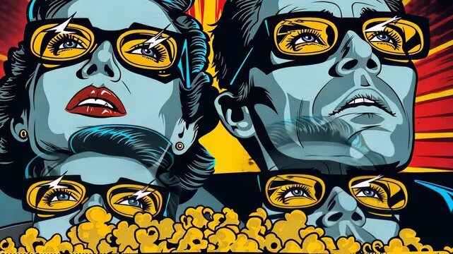 group of people in retro-style glasses watching a movie, with bright yellow popcorn in front of them, in a pop art style