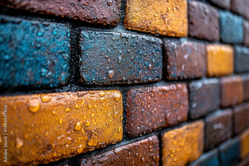 Wall mural Close-up of a Wet Brick Wall with Water Droplets