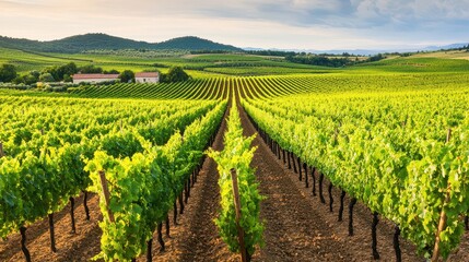 A picturesque vineyard landscape with rows of green grapevines under a vibrant sky, showcasing nature's beauty and agricultural charm.