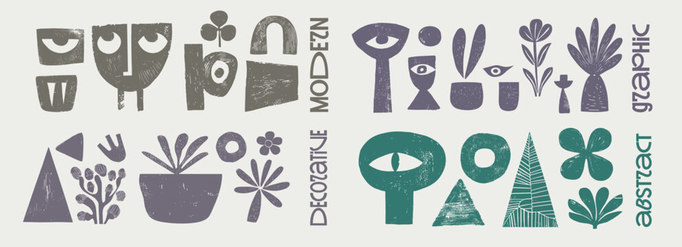 Abstract decorative graphic design with minimalist modern shapes, featuring geometric figures, plants, and faces in a playful arrangement. Text elements enhance composition.