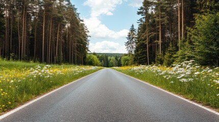 Obraz premium A serene road stretches through a lush forest, surrounded by vibrant wildflowers and blue skies, inviting exploration and adventure.