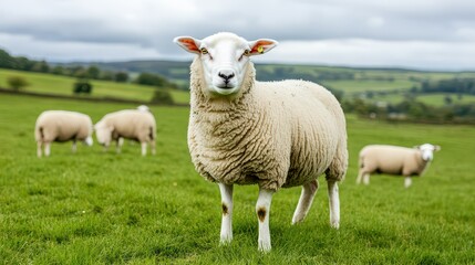 Fototapeta premium A serene sheep stands in a lush green field, surrounded by fellow flock members under a cloudy sky. Nature's beauty on display.