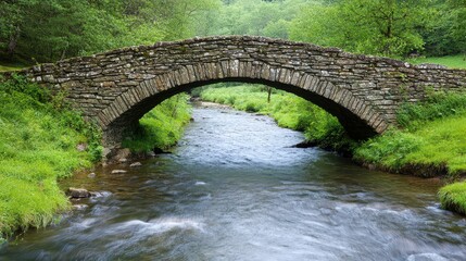 Fototapeta premium A serene stone bridge arching over a peaceful stream, surrounded by lush greenery and a tranquil landscape.