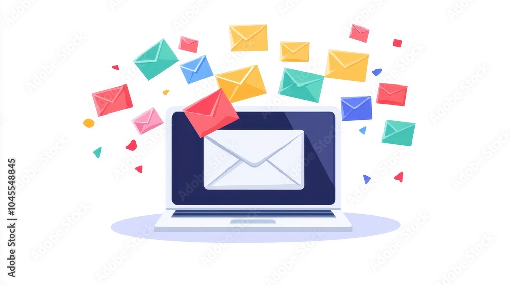 Poster dynamic digital communication burst with colorful envelopes surrounding a laptop illustrating modern
