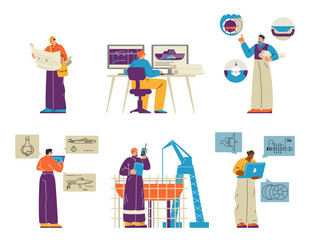 A set of vector illustrations featuring shipbuilders designing marine equipment.