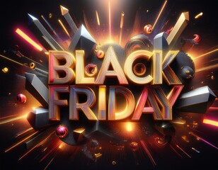 Bold black friday advertisement featuring vibrant 3d text, geometric shapes, dynamic colors, festive elements, incredible sales, offers, and captivating bargains for eager shoppers.