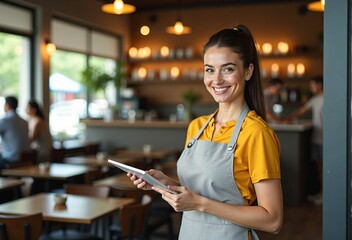 Modern Cafe Operations: Smiling Waitress Using a Tablet to Streamline Service and Enhance Customer Experience with Digital Tools