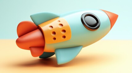 A charming blue and orange rocket toy rests playfully on a warm tabletop, inviting imaginative adventures during a bright afternoon