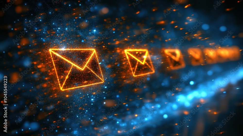 Poster illuminated envelope icons float through a digital blue and orange landscape, symbolizing communicat