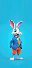 Cute Easter bunny dressed in shirt, vest, tie and stylish jacket, bunny standing on light blue background. Creative Easter banner concept for business. Copy space. Vertical orientation