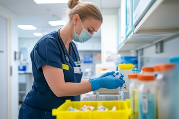 A healthcare professional in a blue uniform works diligently in a clean lab. She examines vials in a yellow container. Focused and precise, her work is crucial for patients. Generative AI