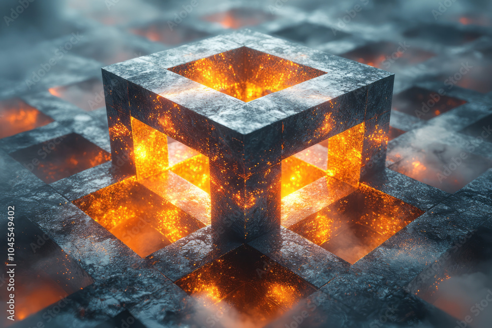 Poster an intricate puzzle with interlocking geometric shapes, floating in a surreal, abstract space with s