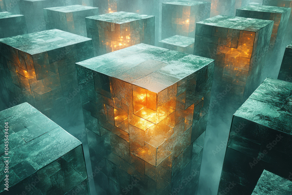 Poster an intricate puzzle with interlocking geometric shapes, floating in a surreal, abstract space with s
