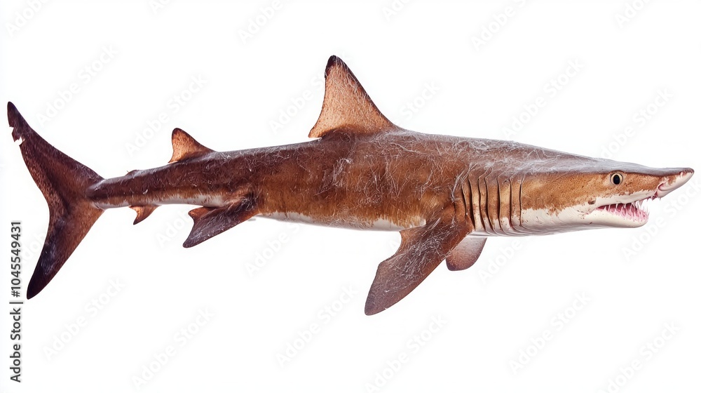 Poster goblin shark glides through the water displaying its long snout and distinctively flattened appearan