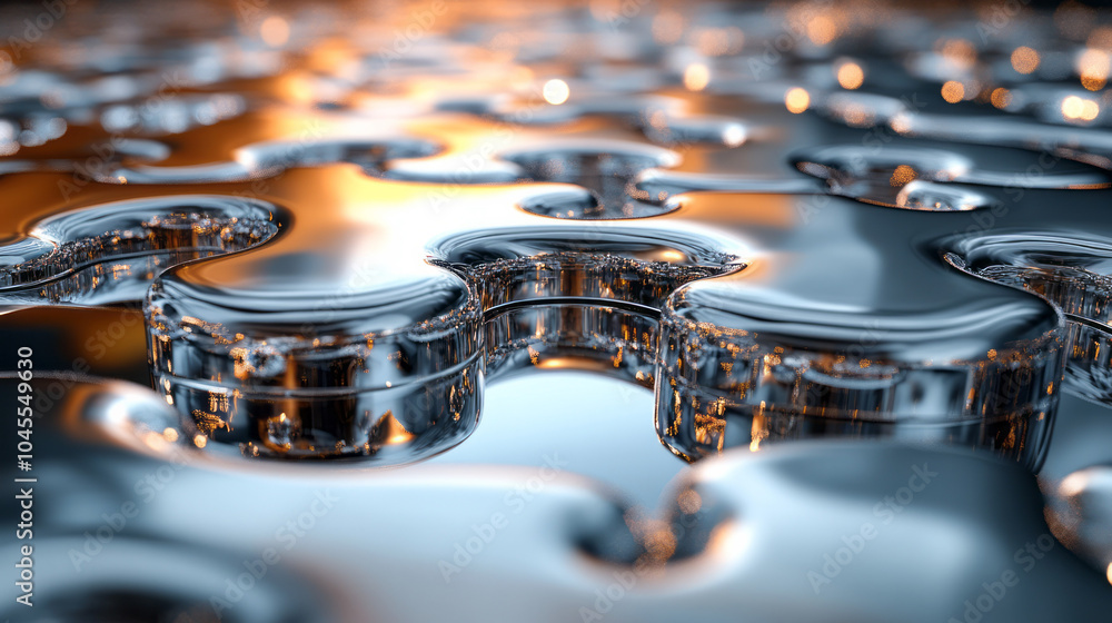 Poster a floating jigsaw puzzle made of metallic, reflective pieces, forming a complex pattern in a minimal