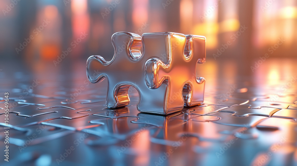 Poster a floating jigsaw puzzle made of metallic, reflective pieces, forming a complex pattern in a minimal