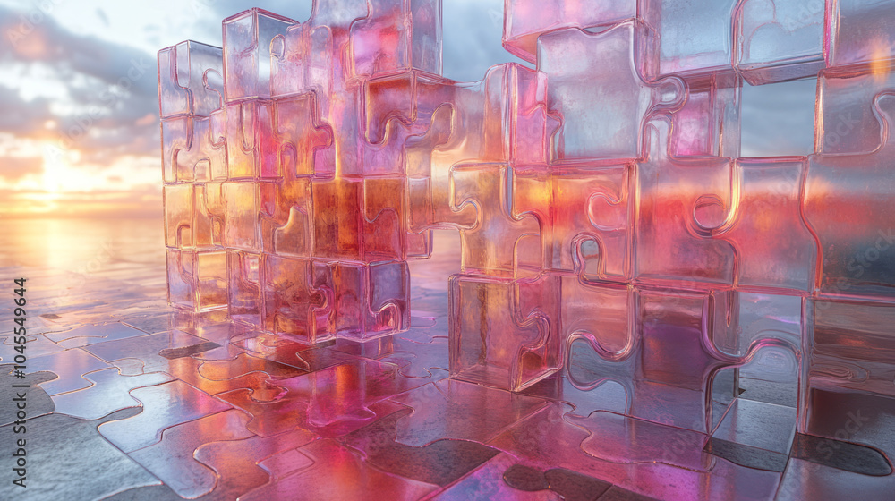 Poster a floating jigsaw puzzle made of metallic, reflective pieces, forming a complex pattern in a minimal