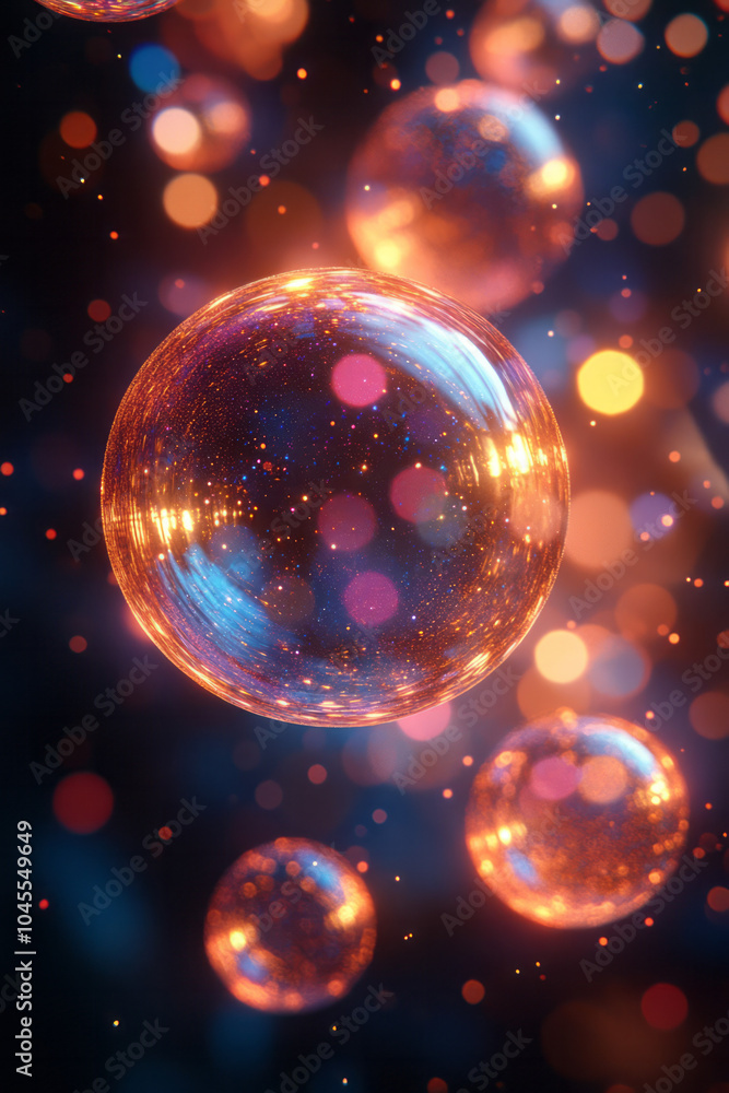 Poster a digital puzzle with rotating spheres, creating a kaleidoscopic effect, set against a dark, abstrac