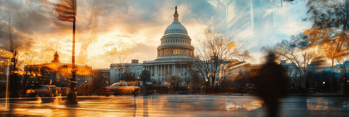 American flag in front of the U.S. Capitol at sunset