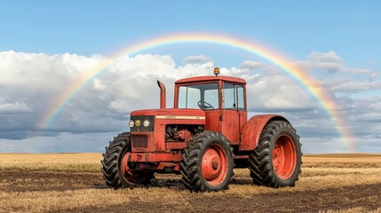 Fototapeta premium A vibrant red tractor sits in a golden field under a stunning rainbow, showcasing rural beauty and agricultural life.
