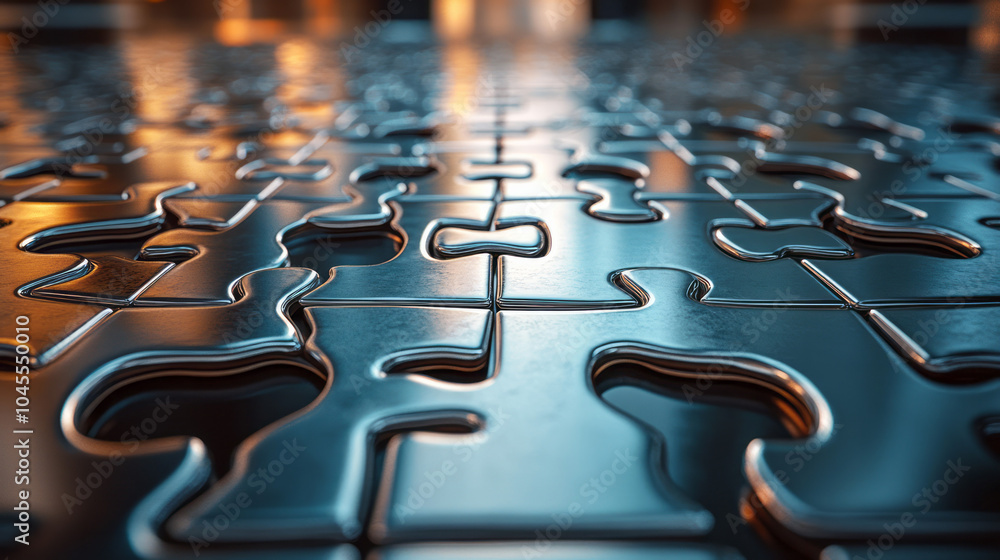 Poster a floating jigsaw puzzle made of metallic, reflective pieces, forming a complex pattern in a minimal