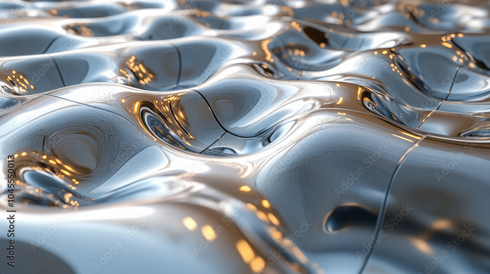 Poster a floating jigsaw puzzle made of metallic, reflective pieces, forming a complex pattern in a minimal