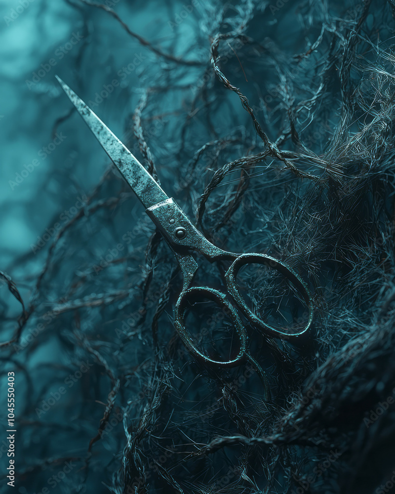 Poster a pair of scissors hovering above an intricate web of fate threads, the moment before they sever a l