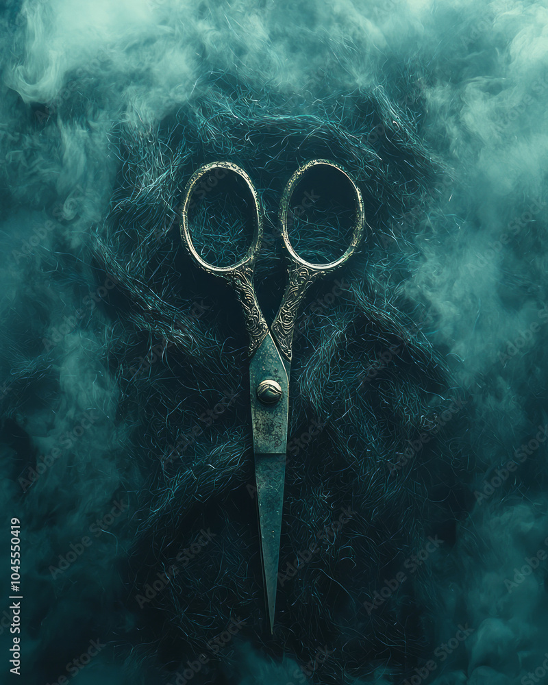 Poster a pair of scissors hovering above an intricate web of fate threads, the moment before they sever a l