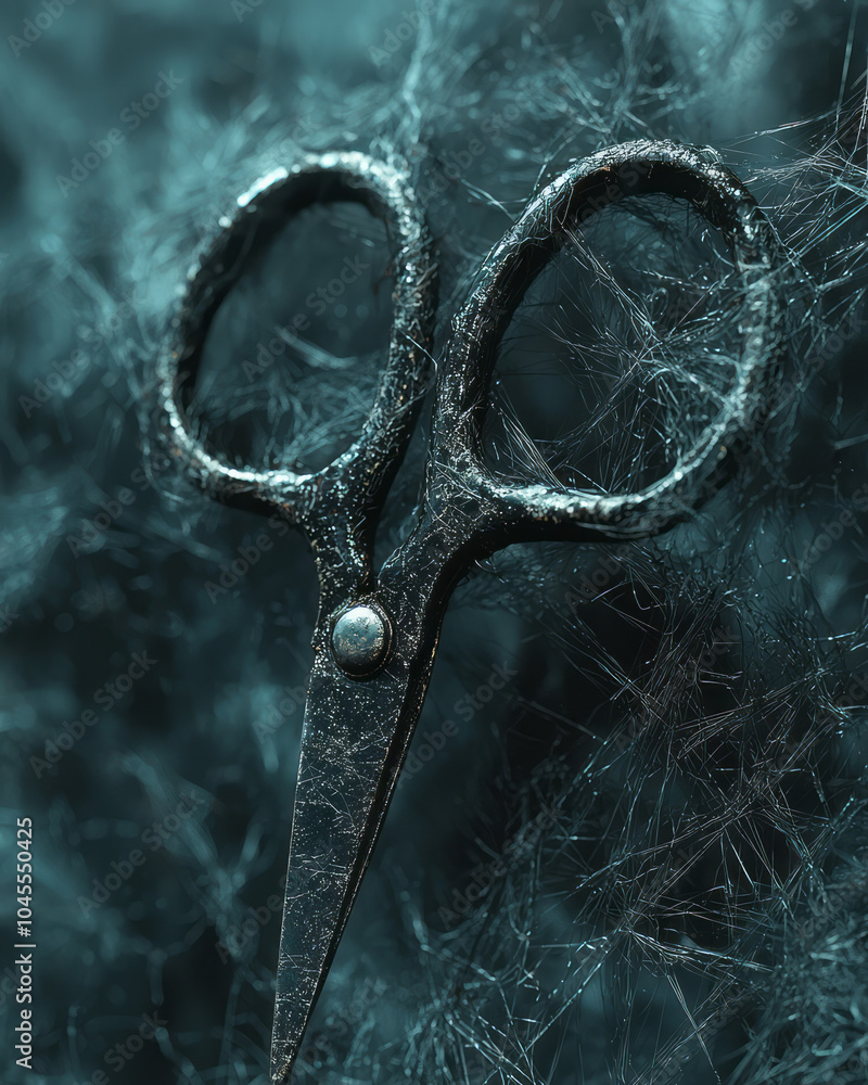 Poster a pair of scissors hovering above an intricate web of fate threads, the moment before they sever a l