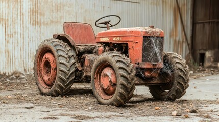 Obraz premium An old, rusty tractor stands abandoned in a weathered barn, showcasing vintage farm equipment and a rugged charm.