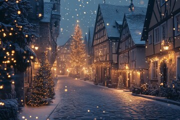 Christmas Decorated Street in Rothenburg ob der Tauber at Dawn, Cobblestone Road with Warm Colors Creating a Cozy Atmosphere