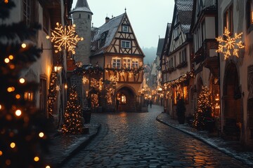 Obraz premium Christmas Decorated Street in Rothenburg ob der Tauber at Dawn, Cobblestone Road with Warm Colors Creating a Cozy Atmosphere