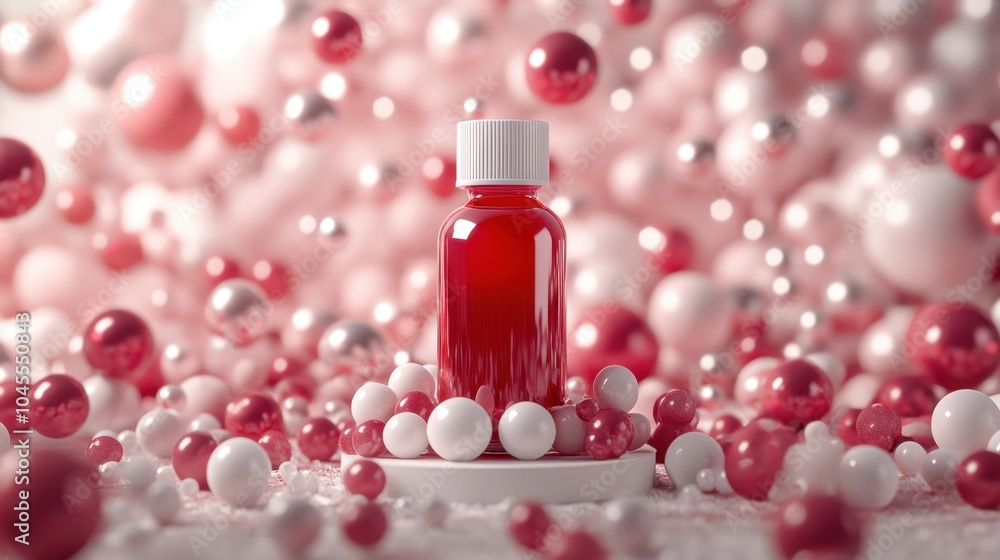 Aufkleber a vibrant red bottle surrounded by a playful array of white and red spheres on a soft background for