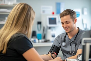 Obraz premium A healthcare professional checks the blood pressure of a patient. The atmosphere is friendly and supportive. This image illustrates care and precision in medicine. Generative AI