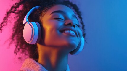 Smiling girl wear wireless headphone study online with skype teacher