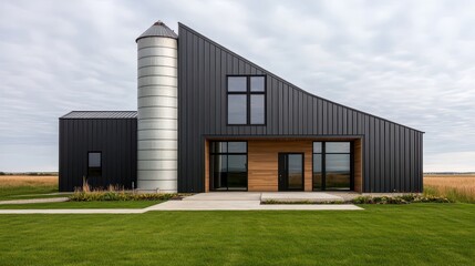 Fototapeta premium Modern farmhouse architecture blends rustic charm with contemporary design, featuring sleek lines and spacious landscaping.