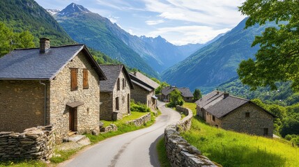 Fototapeta premium Scenic view of a peaceful mountain village with stone houses and winding road surrounded by lush greenery and majestic peaks.