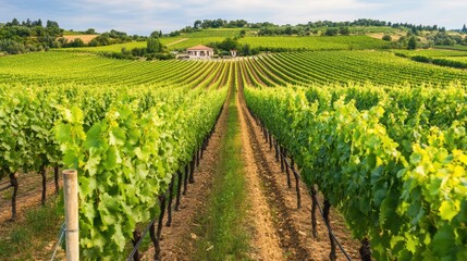 Naklejka premium Scenic vineyard rows stretch across rolling hills under a clear blue sky, showcasing lush grapevines and tranquility of nature.