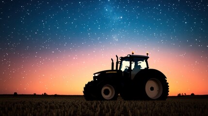Fototapeta premium Silhouette of a tractor against a starry night sky, capturing the beauty of rural landscape and agricultural machinery.