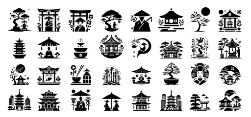 black and white set buddha vector religion buddhism prayer meditation spiritual bonsai