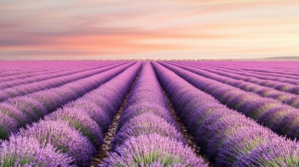 Fototapeta premium Vibrant lavender field under a colorful sunset sky, showcasing endless rows of blooming lavender flowers.