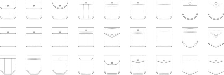 Patch pocket icon for clothing. Patch pockets with and without buttons zipper rivets line icons set isolated on white. Clothing design elements collection. Isolated vector illustration.