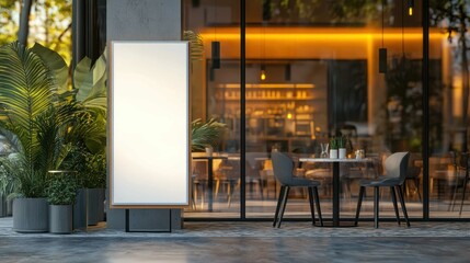 Modern blank standing sign mockup in front of a trendy cafe